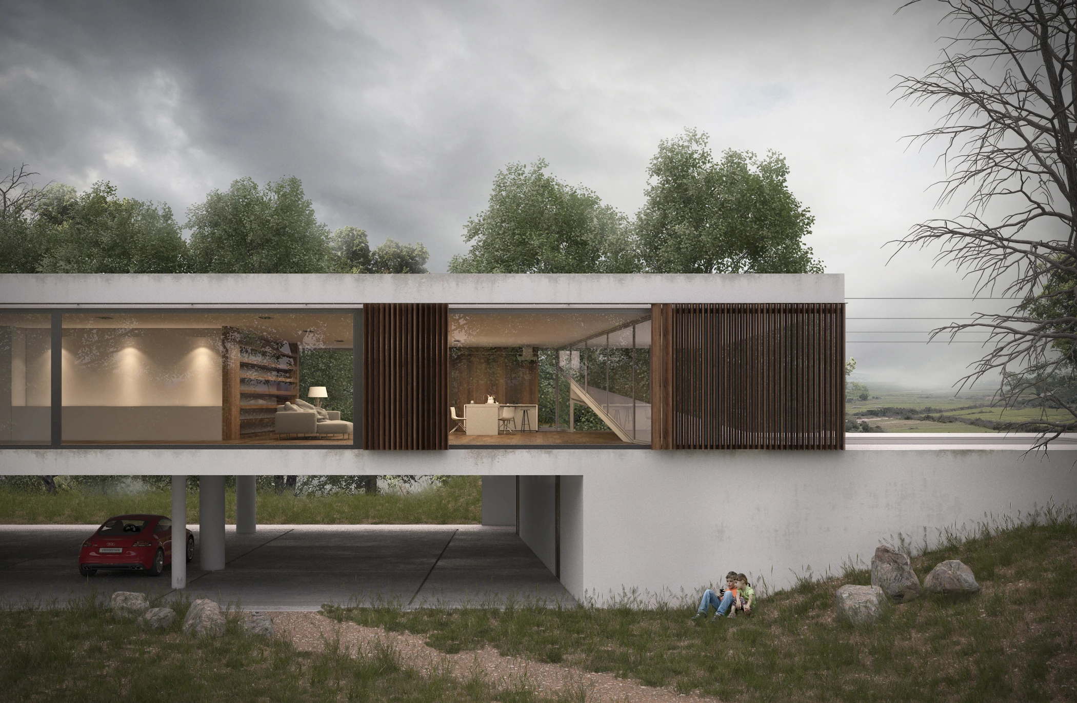 Vivienda unifamiliar en A Coruña entre árboles, render exterior