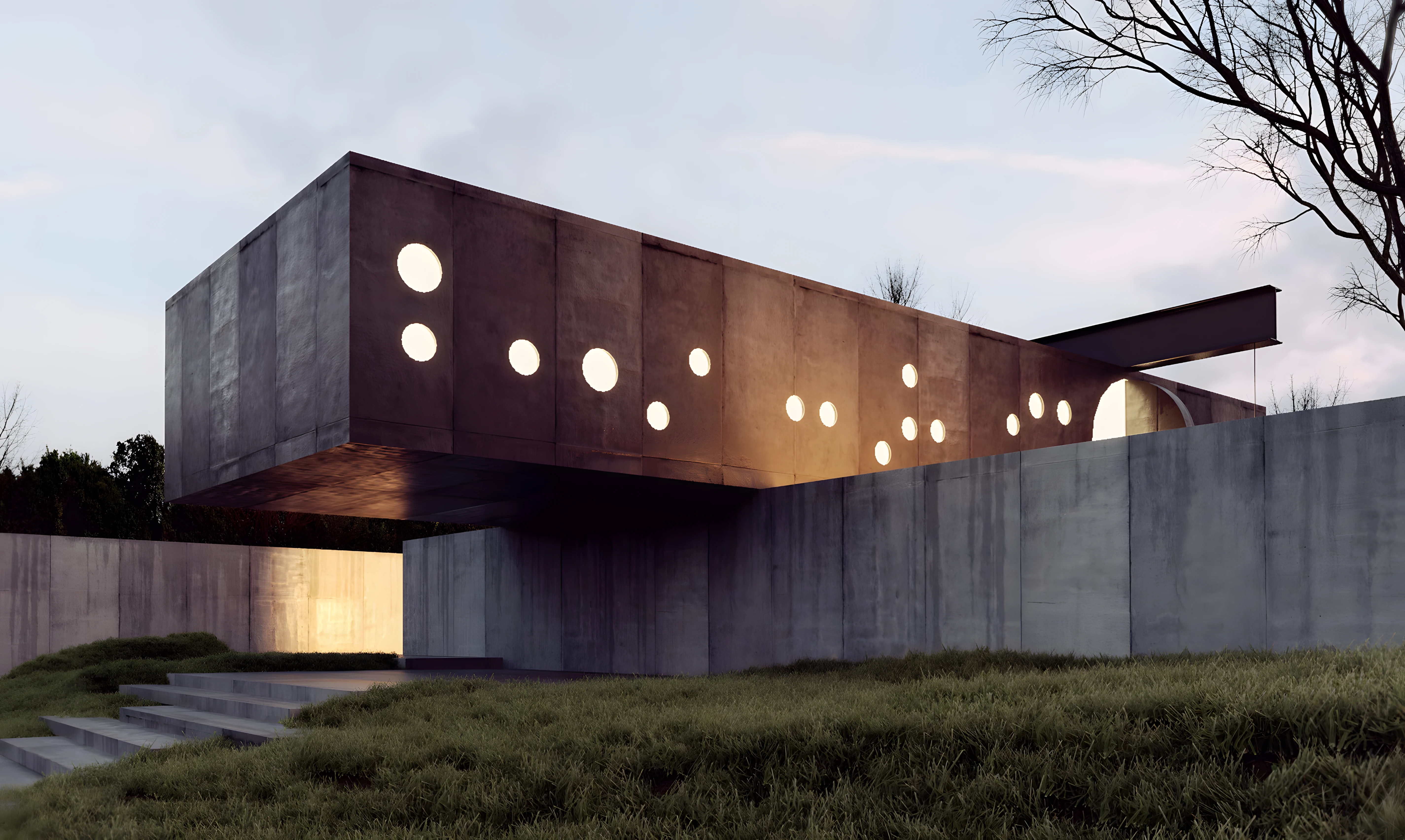 Infografía 3D de vivienda unifamiliar en A Coruña, exterior con vegetación