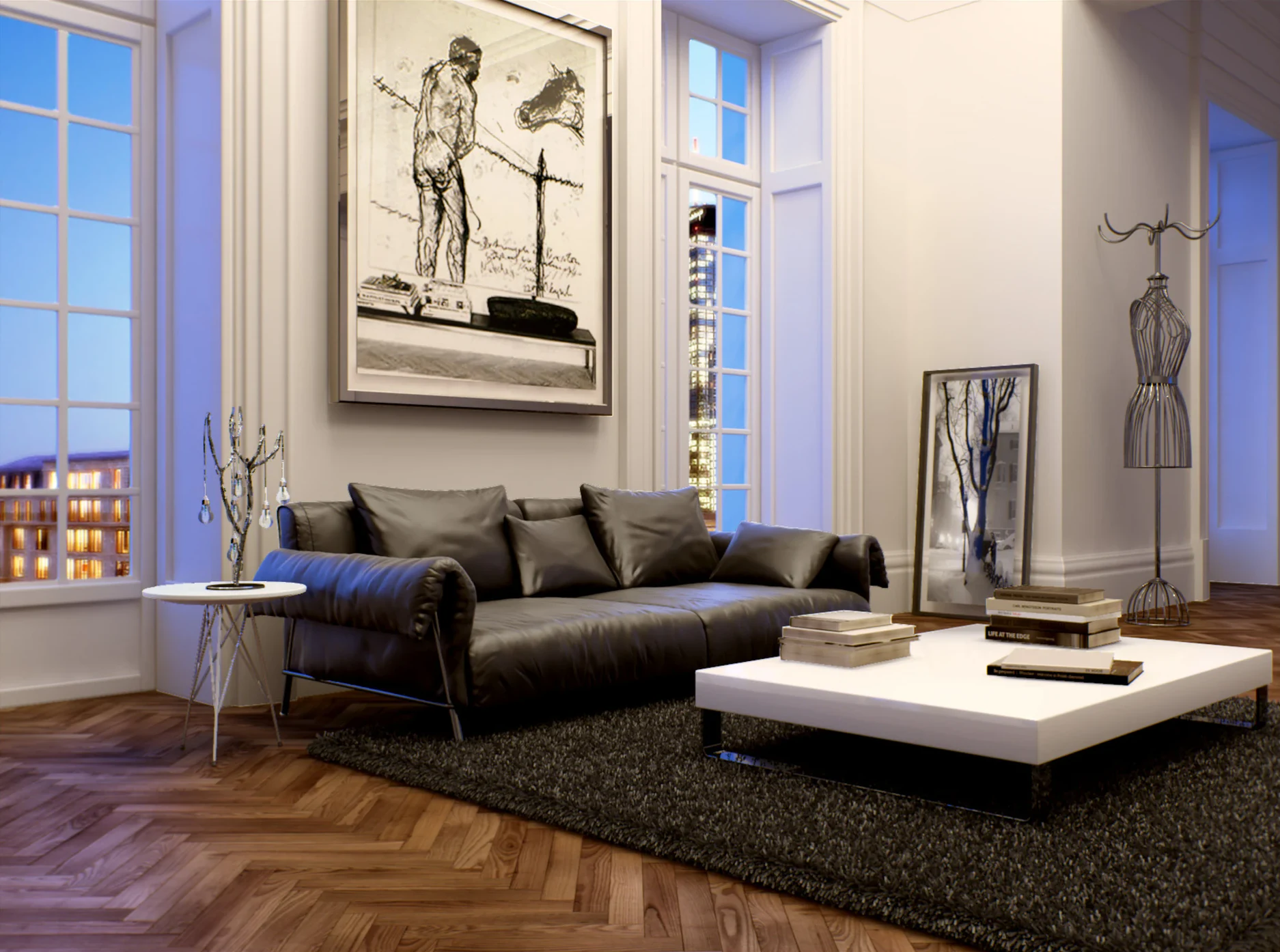 Sala de estar clásica con iluminación nocturna