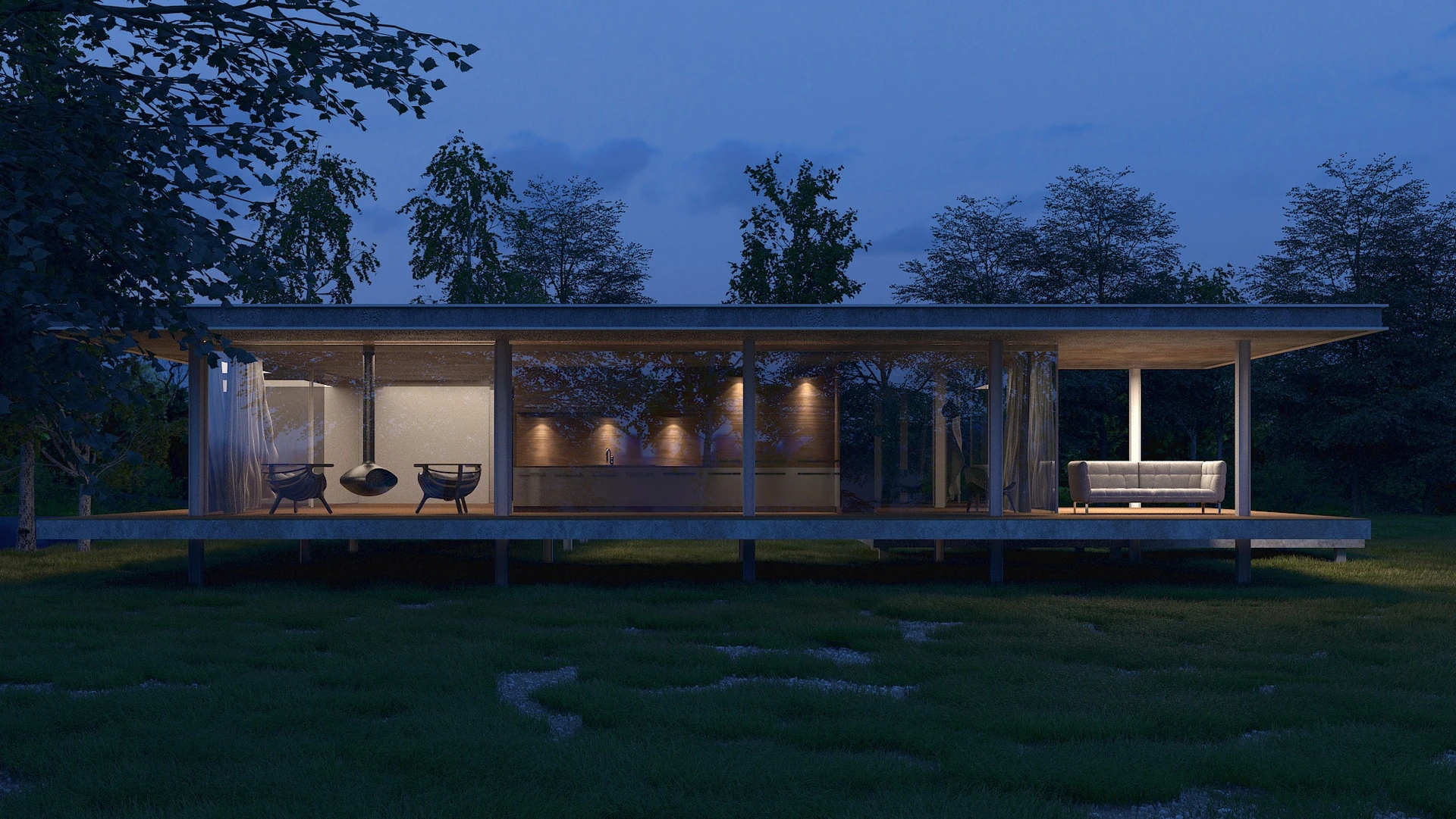 Vivienda unifamiliar en Asturias, render nocturno
