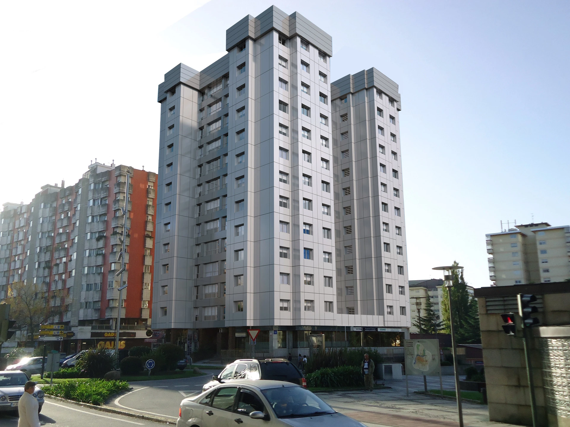 Edificio de viviendas en su calle, fotomontaje sobre el emplazamiento real