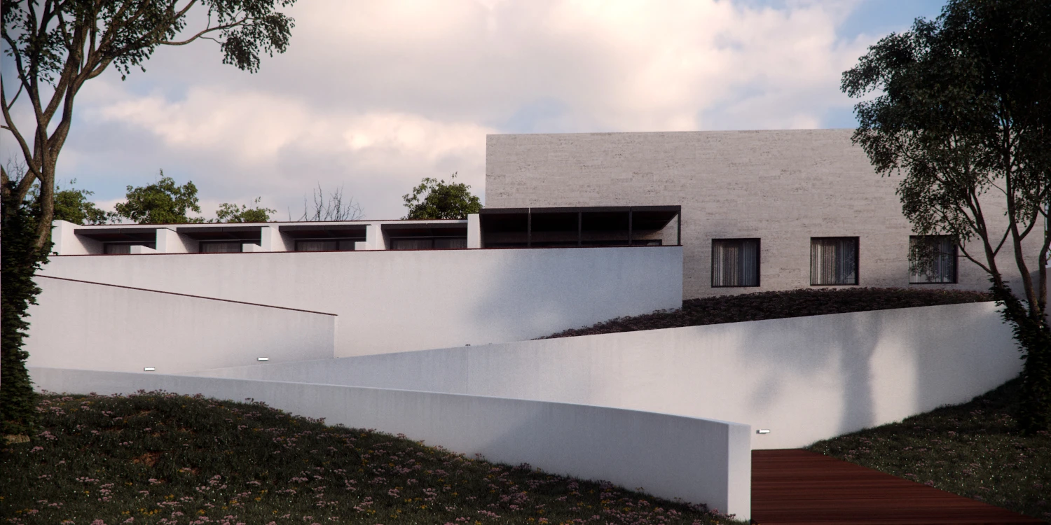 Infografía de vivienda unifamiliar con luz de día e iluminación HDRI