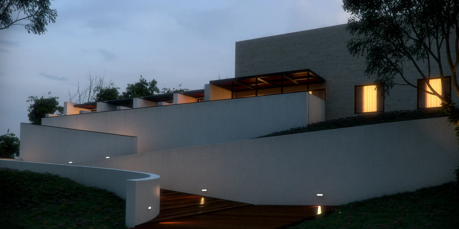 Vivienda unifamiliar en Madrid, render nocturno con iluminación HDRI