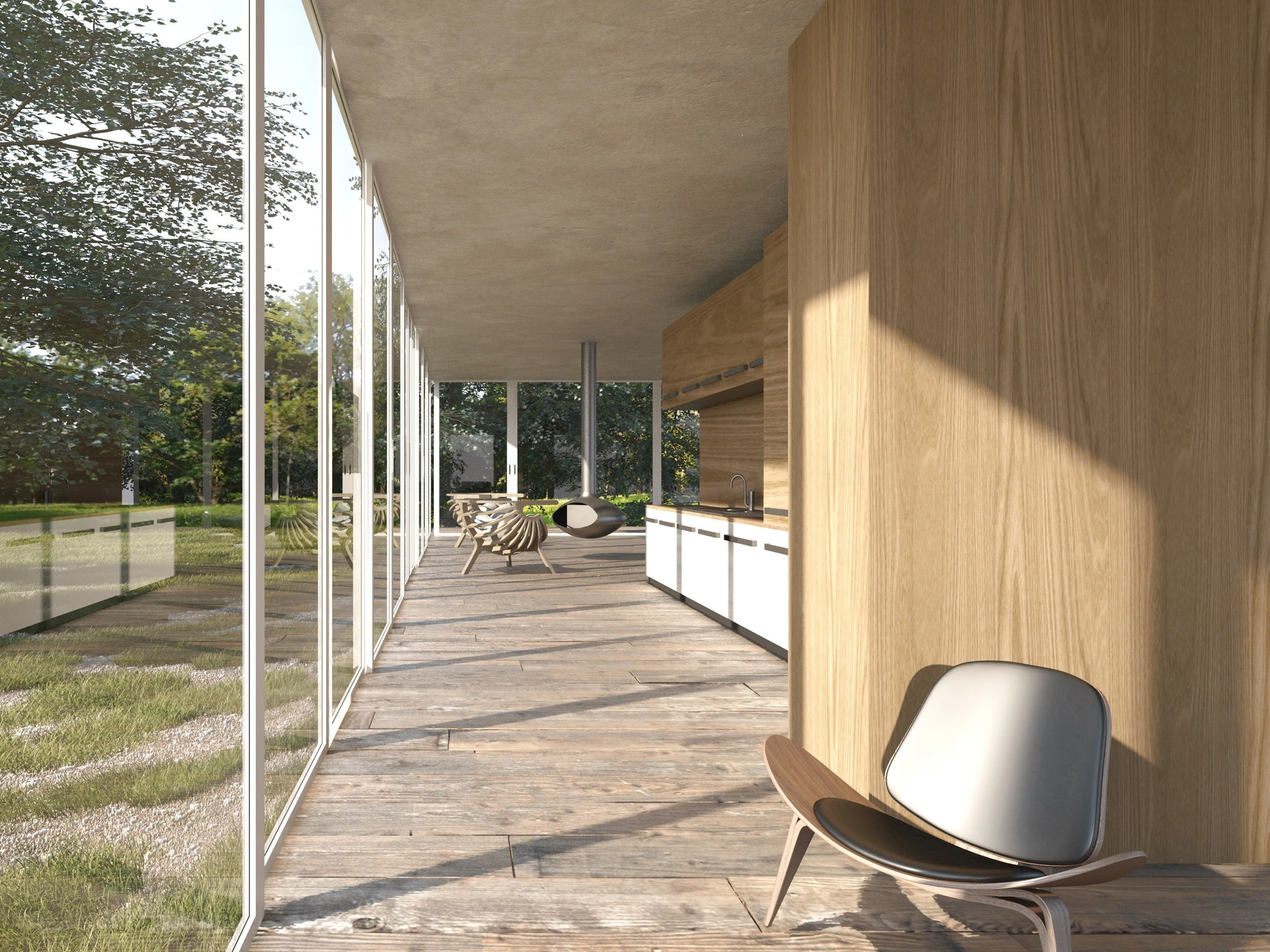 Sala de estar con luz de día, infografía interior