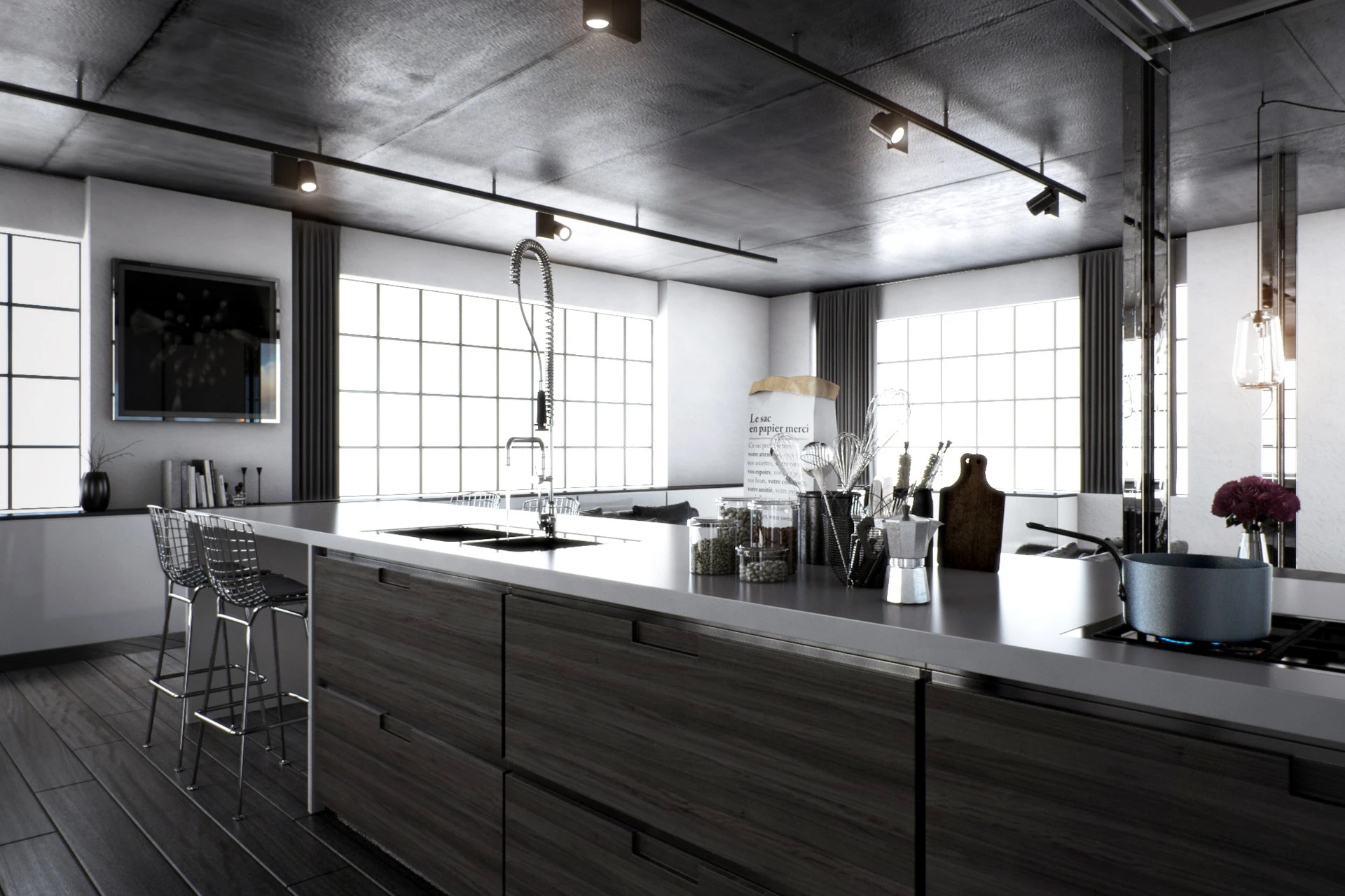 Interior de loft, zona de estar con iluminación natural