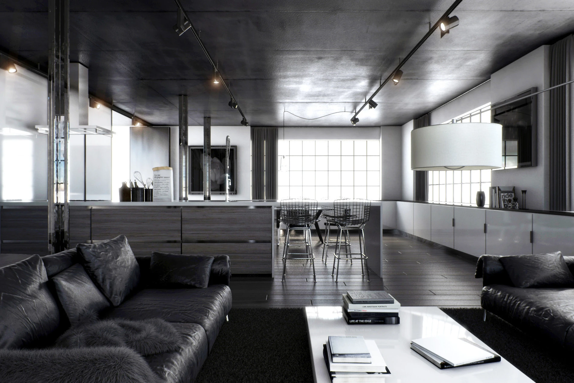 Infografía interior de un loft con doble altura